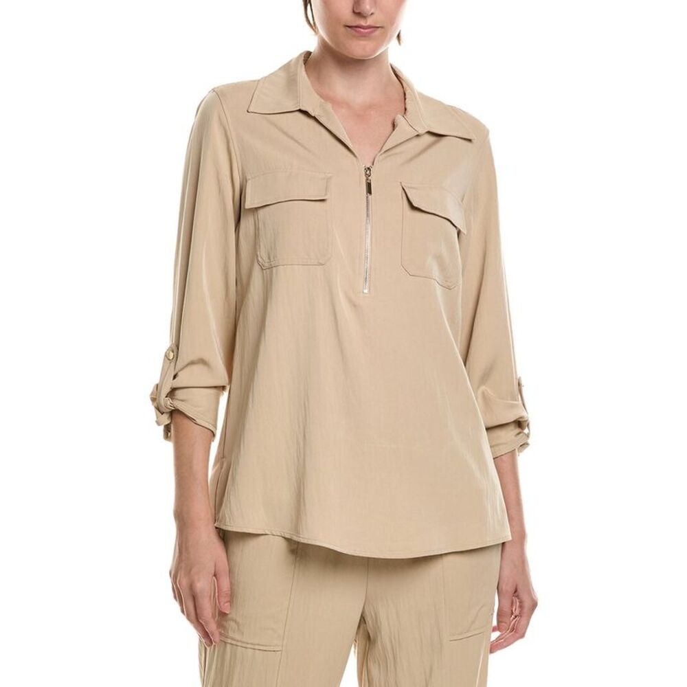 Anne Klein Womens Half Zip Collar Shirt, Brown